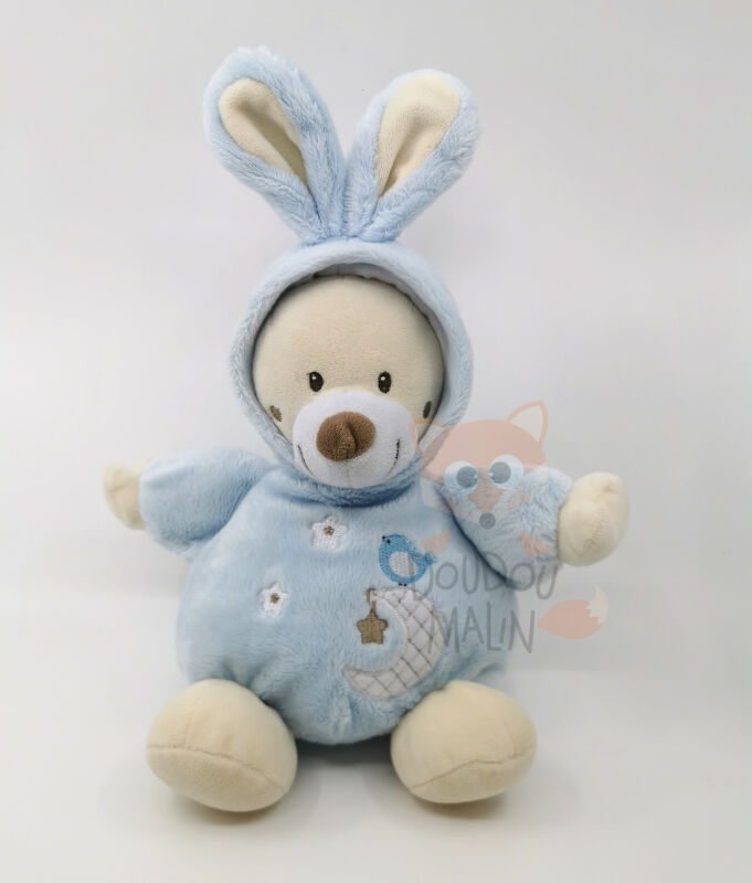  - peluche ours déguisé en lapin beige bleu capuche lune oiseau 25 cm 